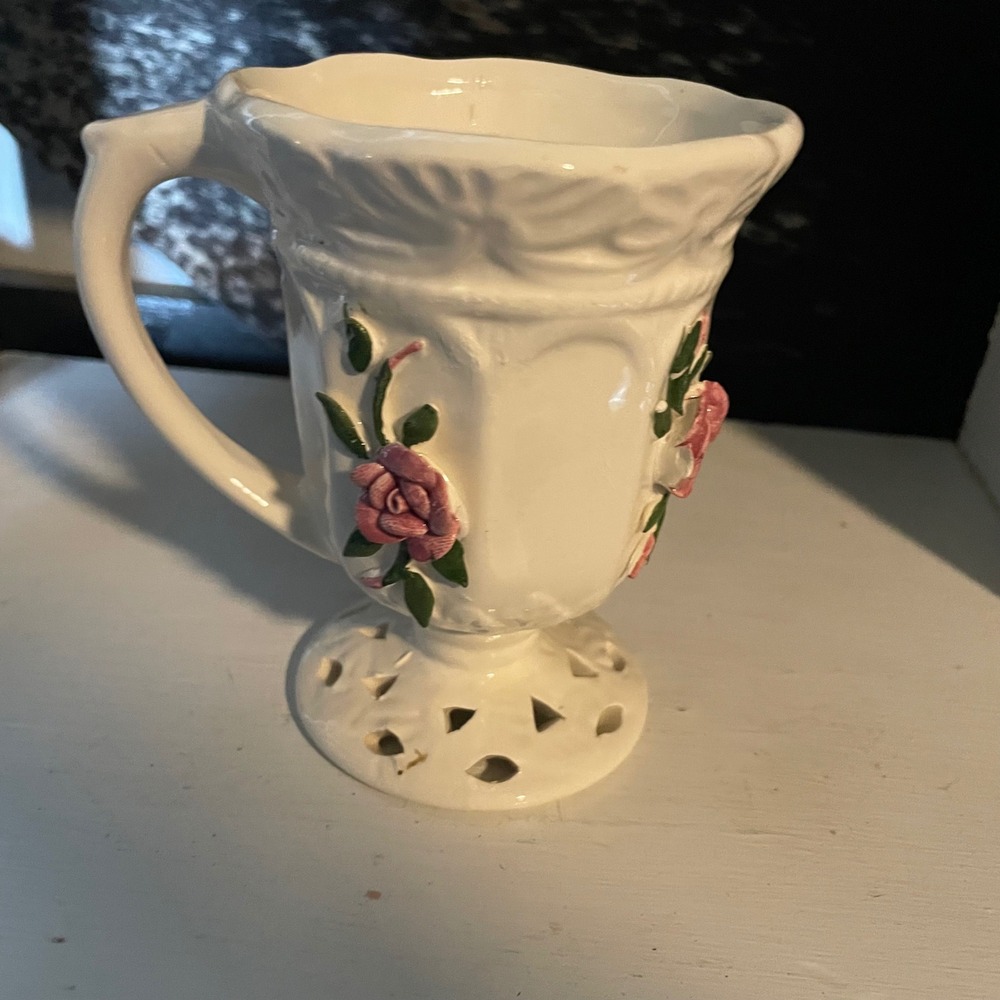 Vintage White Ceramic Floral Rose Pitcher Vase w/ Handle and Pierced Base Cup